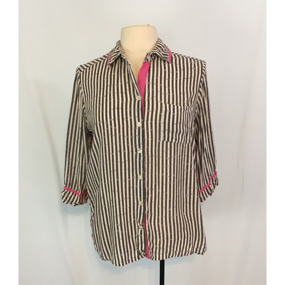 DNKY Womens Gray‎ White Pink Striped Rayon Blouse, Shirt sz M, 38 Bust, Buttons